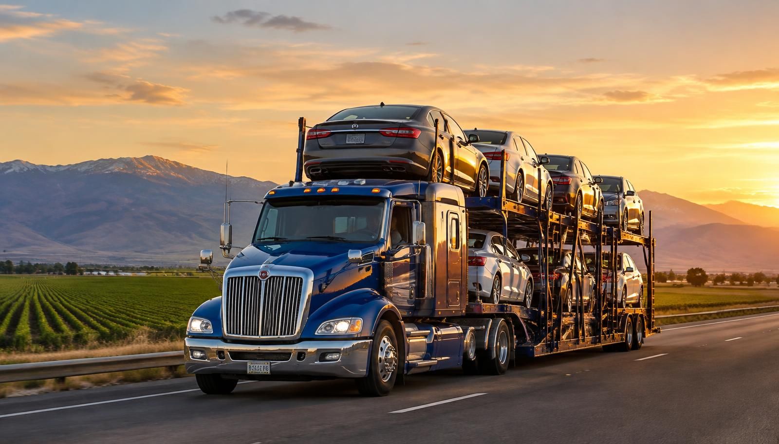 Car carrier truck on a Central Valley highway